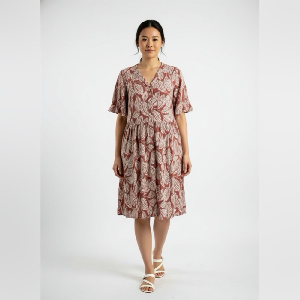 3/$15 Luxology Leaf Pattern Midi Dress in Cream and Brown